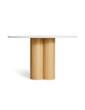 White oak base detail of marble top round dining table