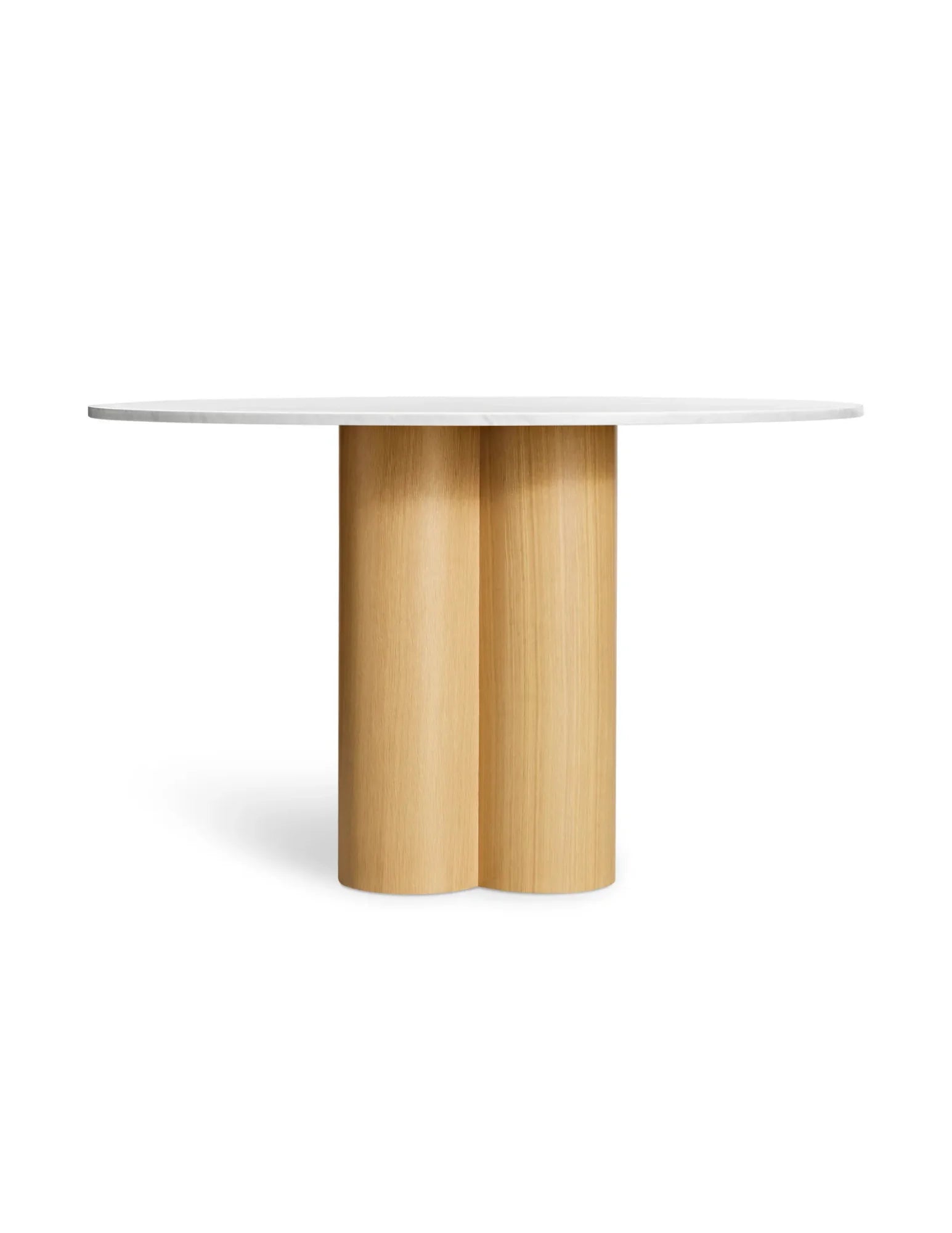 White oak base detail of marble top round dining table
