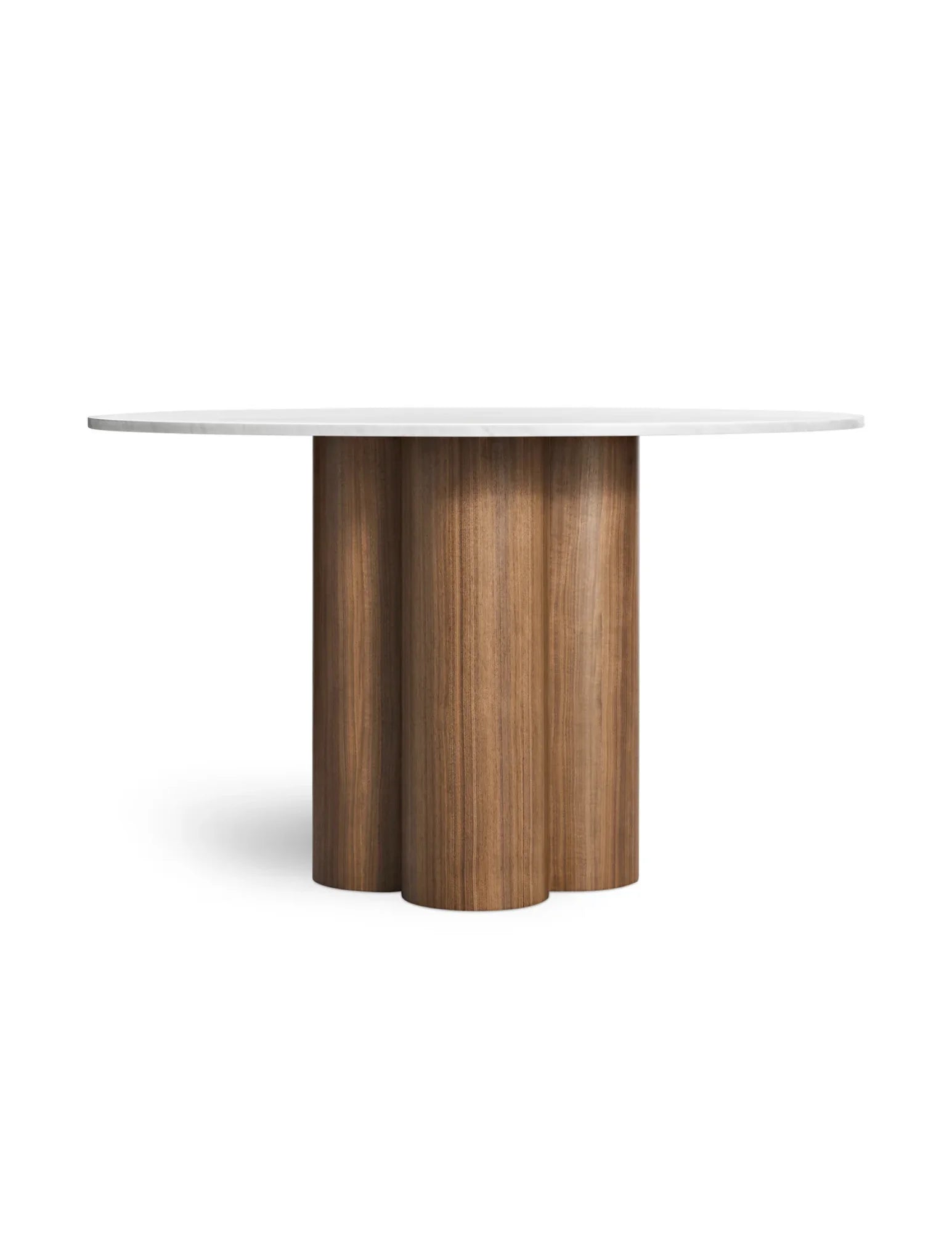 Carrara marble top round dining table with walnut base