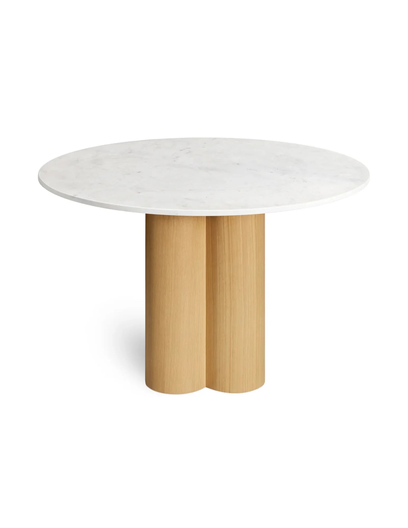 Carrara marble top round dining table with white oak base