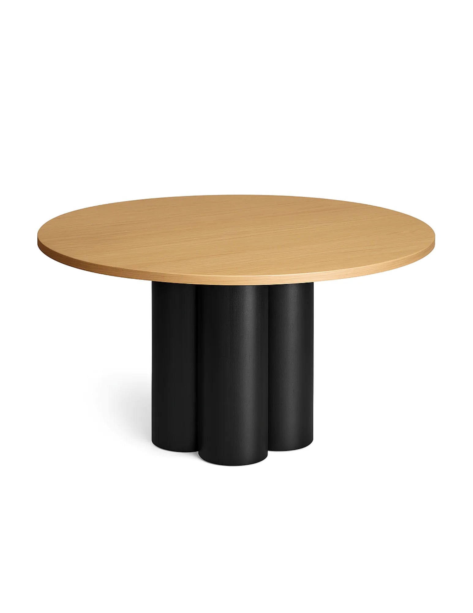 Round wooden table with black cylindrical legs and natural oak table top