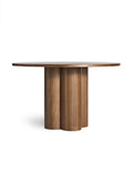 Round wooden dining table walnut finish angled view