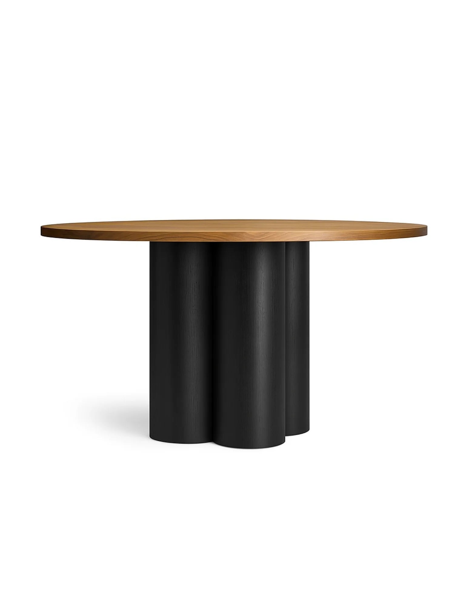 Round wooden table with walnut top and black cylindrical legs angled view